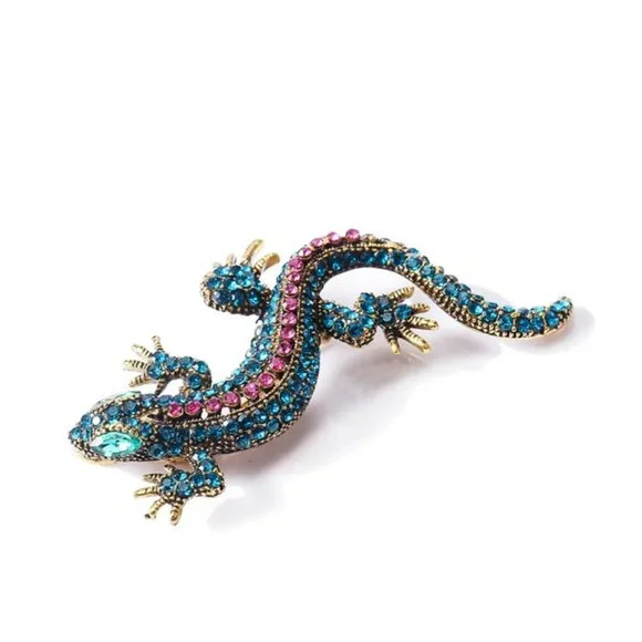 Blue Pink Lizard Rhinestone Pin Broach - Picture 1 of 2